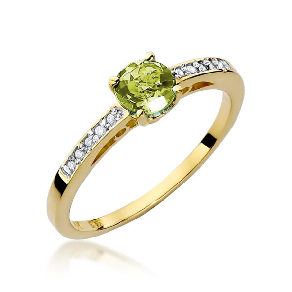 pierścionek zaręczynowy, złoty pierścionek z oliwinem i brylantami, pierścionek z oliwinem, wyjątkowa biżuteria, prezent, jubiler kraków, złotnik kraków
