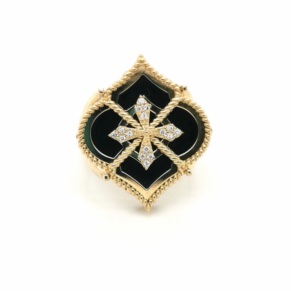 Złoty pierścionek z czarnym emaliowanym tłem i diamentowym wzorem, Jubiler Kraków BigDIAMOND