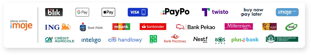 Baner imoje – dostępne metody płatności: BLIK, karty płatnicze, Google Pay, Apple Pay, PayPo, Twisto oraz banki ING, mBank, Santander, Pekao, Millennium, Alior i inne