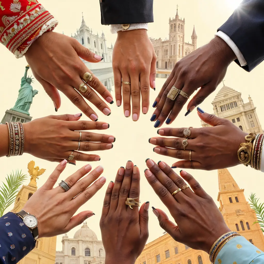 Różnice kulturowe w noszeniu obrączek ślubnych na świecie, przedstawione na dłoniach różnych tradycji.