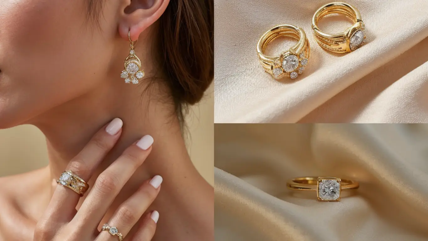Elegancka kobieta nosząca biżuterię z diamentami laboratoryjnymi, pierścionki i kolczyki w wysokiej jakości złocie.