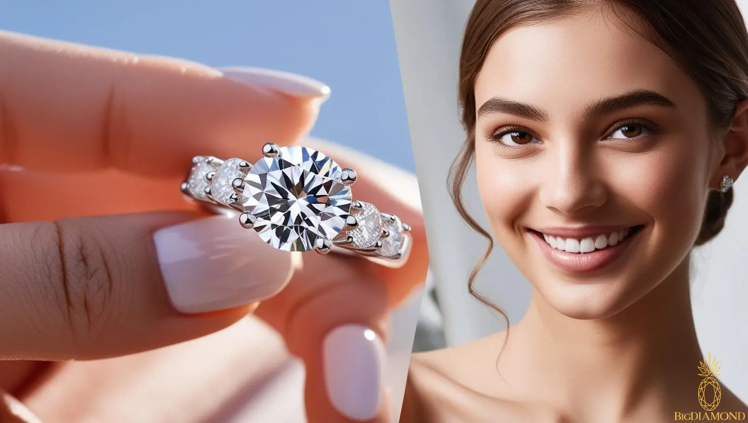 Pierścionek z diamentem laboratoryjnym w ręku młodej kobiety.