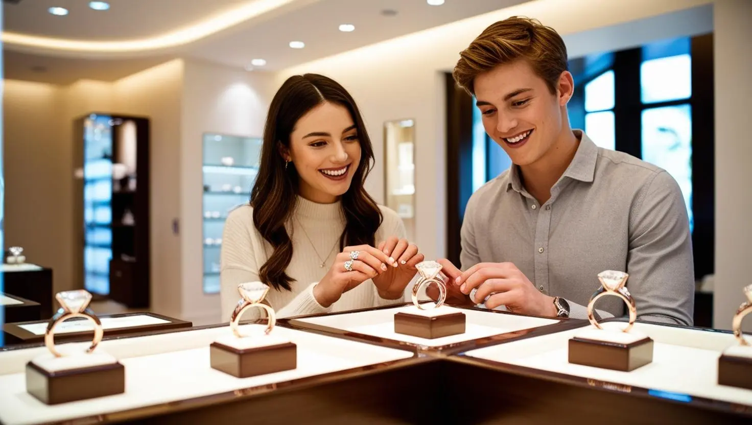 Młoda para w sklepie jubilerskim ogląda pierścionki z diamentami laboratoryjnymi.
