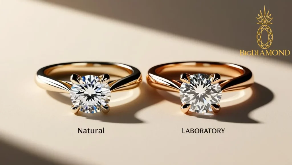 Ilustracja porównująca diamenty naturalne i laboratoryjne na złotych pierścionkach.