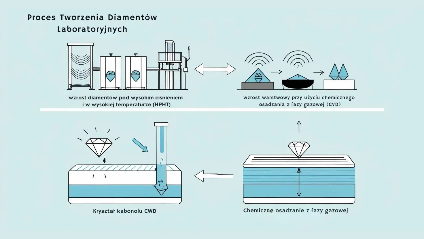 Infografika przedstawiająca proces powstawania diamentów laboratoryjnych w technologiach HPHT i CVD.