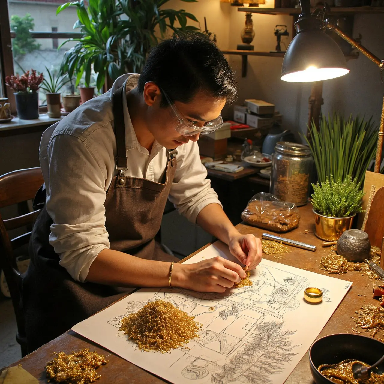 Złotnik pracujący przy przetapianiu złota w warsztacie jubilerskim