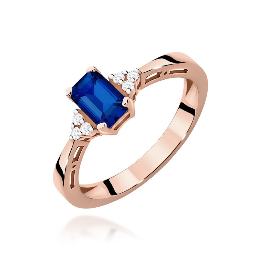 Pierścionek z szafirem i diamentami – oktagonalny kamień 6 × 4 mm · W002