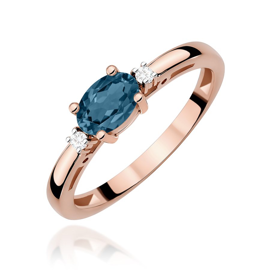Pierścionek z różowego złota z topazem London Blue i diamentami · W006