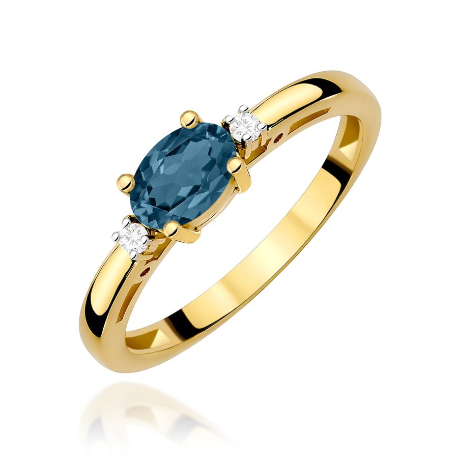 Pierścionek z żółtego złota z topazem London Blue i diamentami · W006
