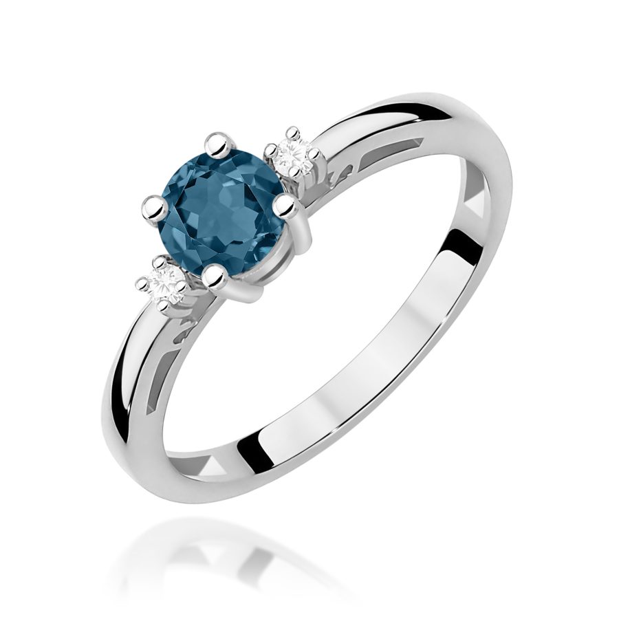 Pierścionek z topazem London Blue i diamentami w białym złocie próby 585 · W010