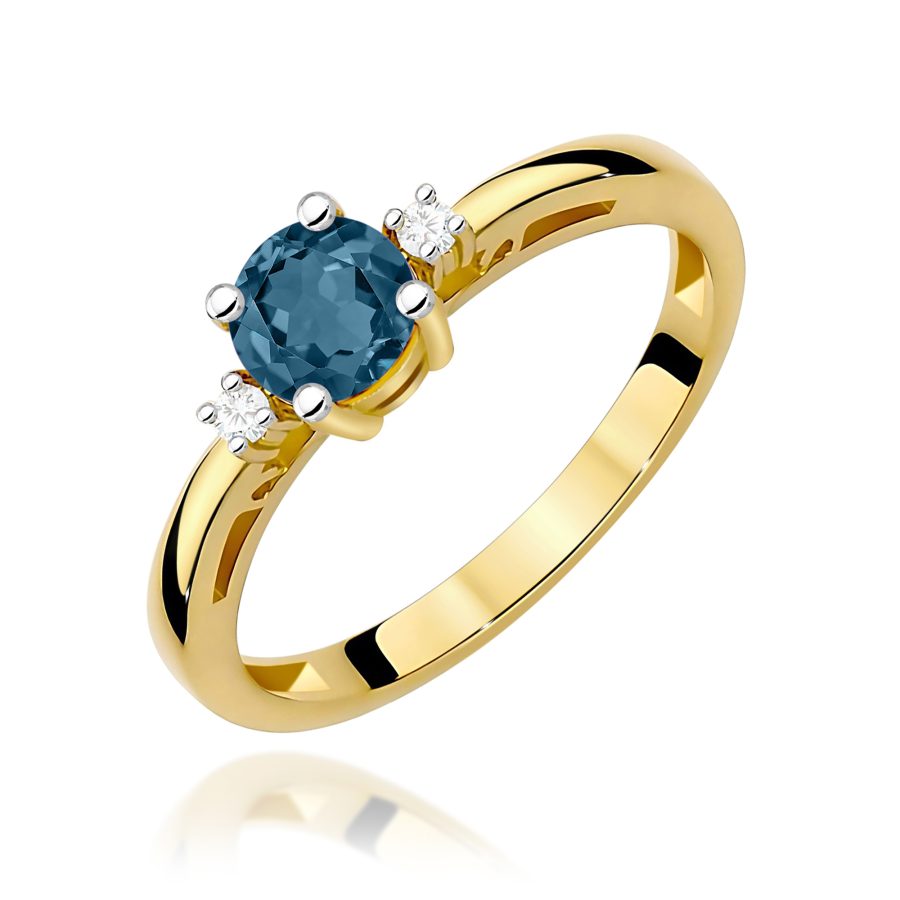 Pierścionek z żółtego złota z topazem London Blue i diamentami · W010
