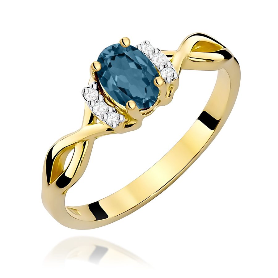 Pierścionek z żółtego złota z topazem London Blue i diamentami · W019