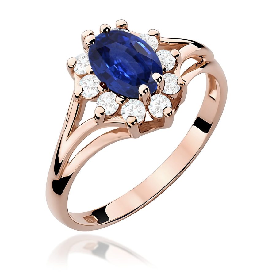Pierścionek z owalnym szafirem 0,90 ct i diamentami · W037