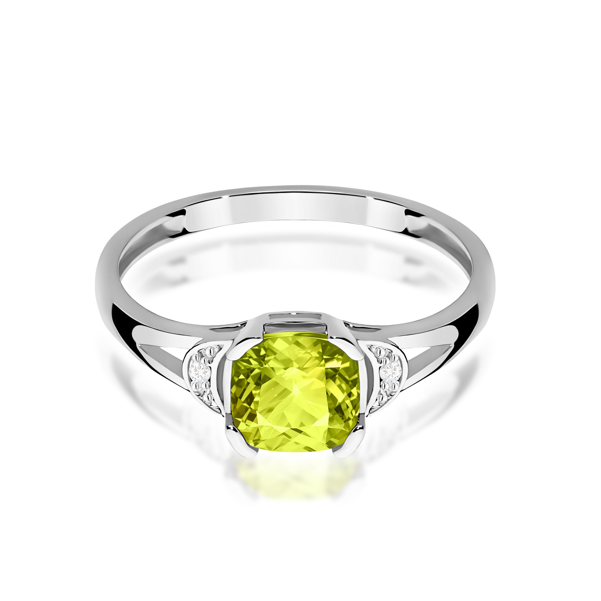 Ring with peridot in cut cushion and diamonds in white gold – product image 3