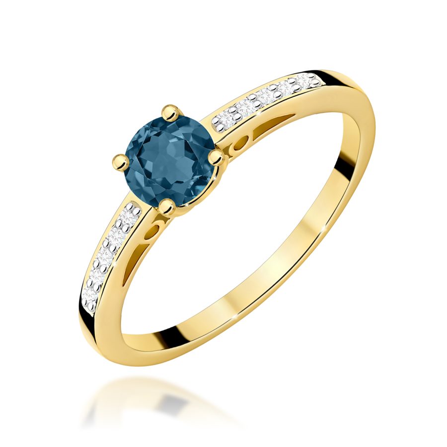 Pierścionek z żółtego złota z topazem London Blue i diamentami · W066
