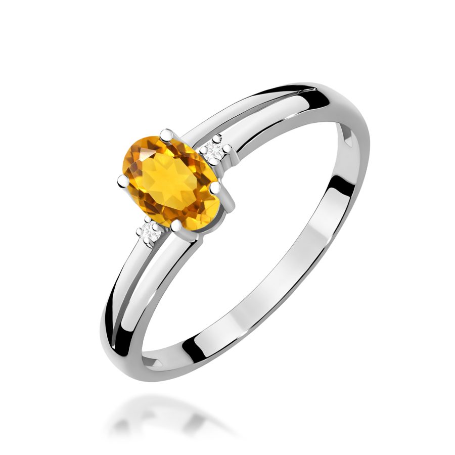 Pierścionek z cytrynem 0,60 ct i diamentami – białe złoto próby 585 · W068