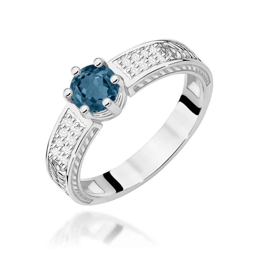 Pierścionek z białego złota z topazem London Blue i diamentami · W075