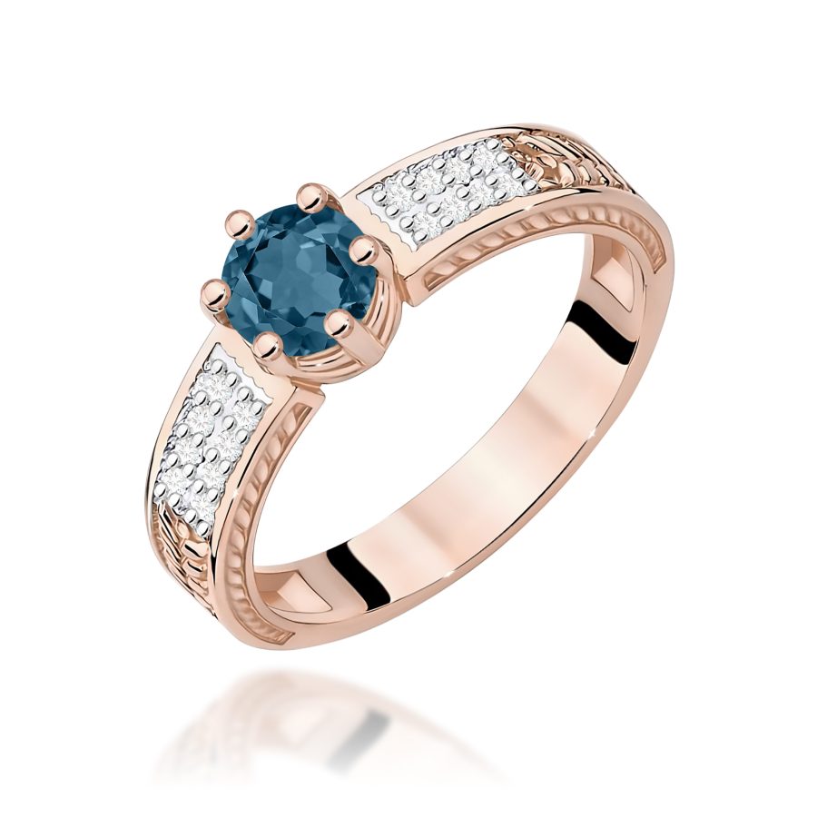 Pierścionek z topazem London Blue i diamentami w różowym złocie · W075