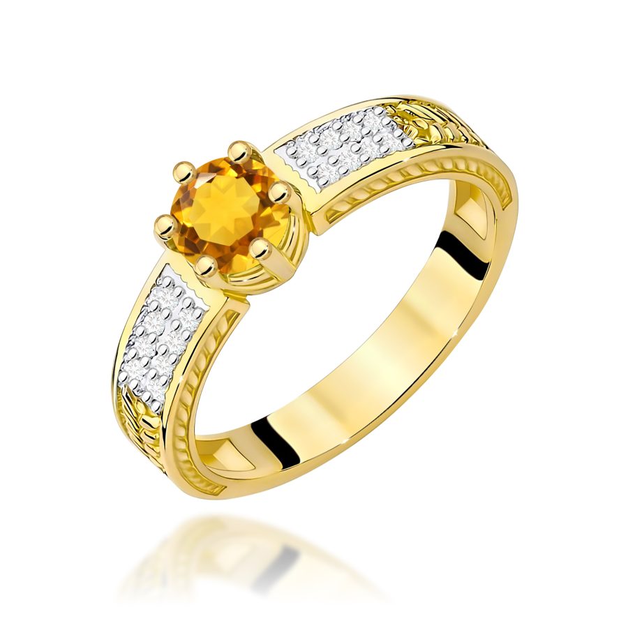 Pierścionek z cytrynem i diamentami w żółtym złocie · W075