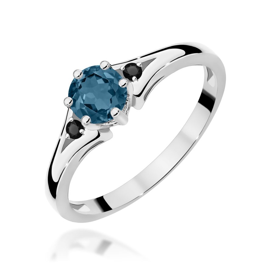 Ring in white gold with topaz London Blue and black diamonds