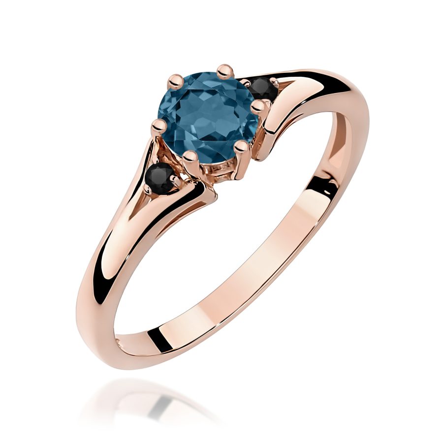 Ring in rose gold with topaz London Blue and black diamonds