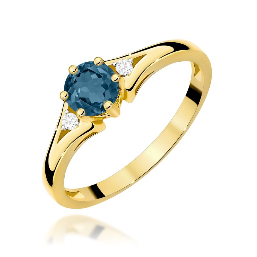 Pierścionek z żółtego złota z topazem London Blue i diamentami · W0076