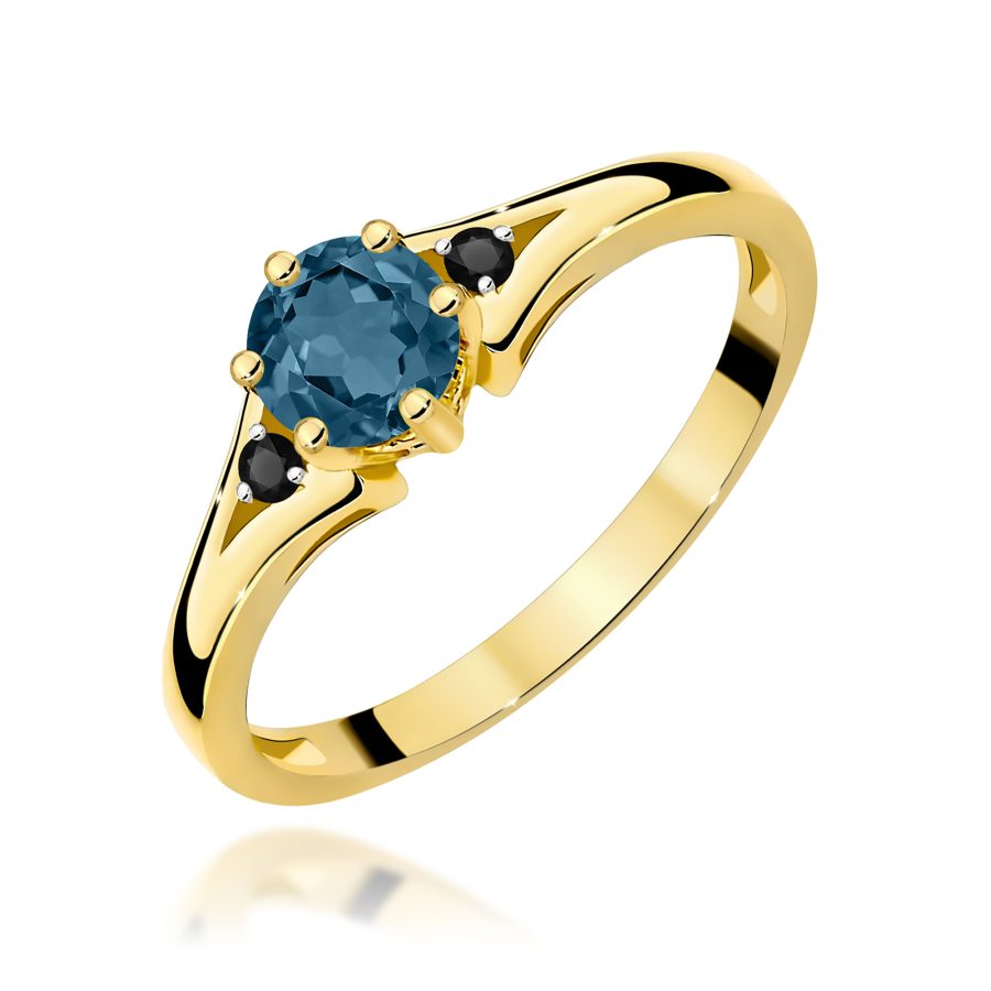 Gold ring with topaz London Blue and black diamonds