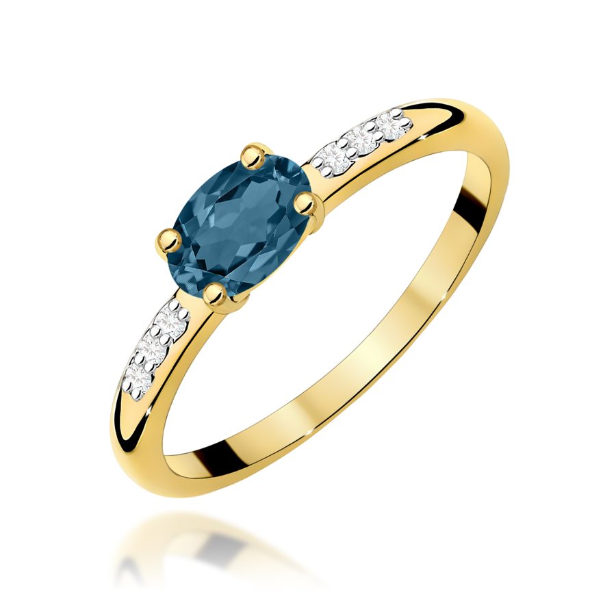 Pierścionek z żółtego złota z owalnym topazem London Blue i diamentami · W077