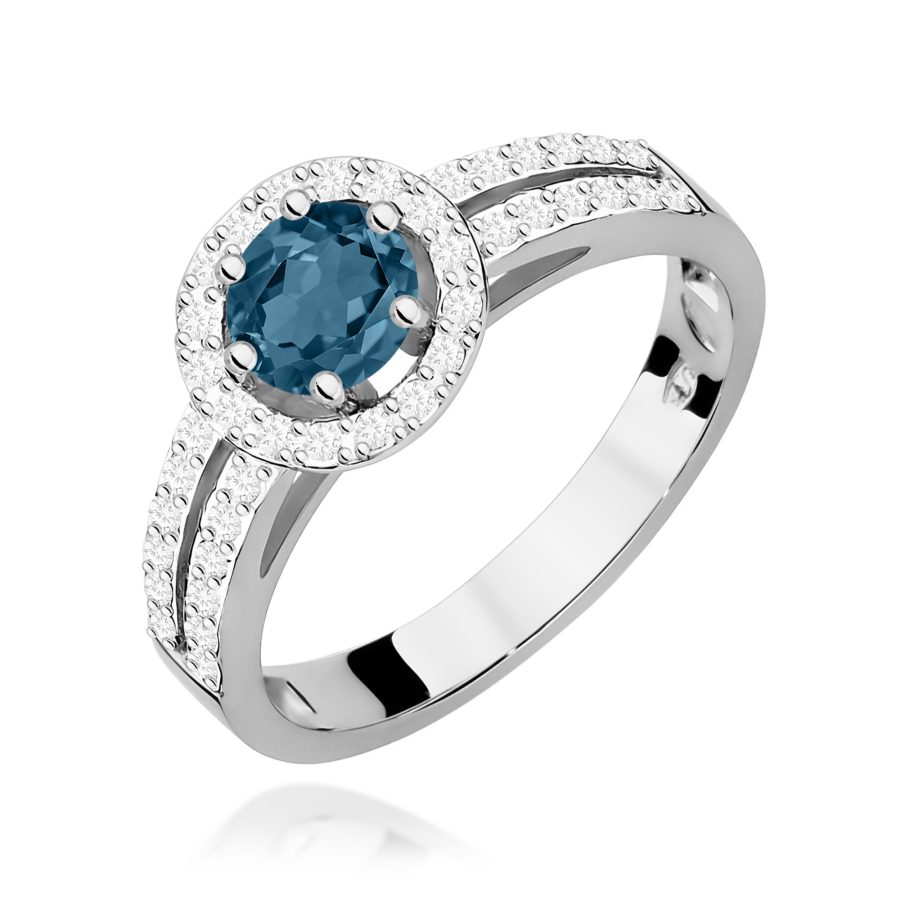 Pierścionek z białego złota z topazem London Blue i diamentami · W087