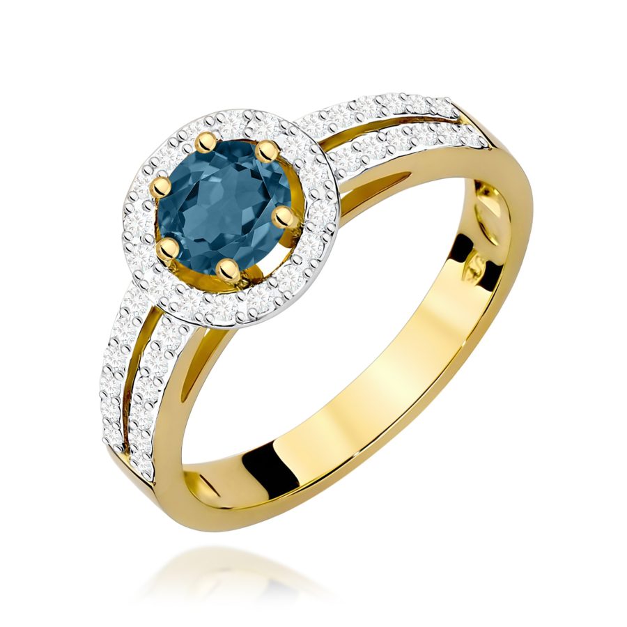Pierścionek z żółtego złota z topazem London Blue i diamentami · W087