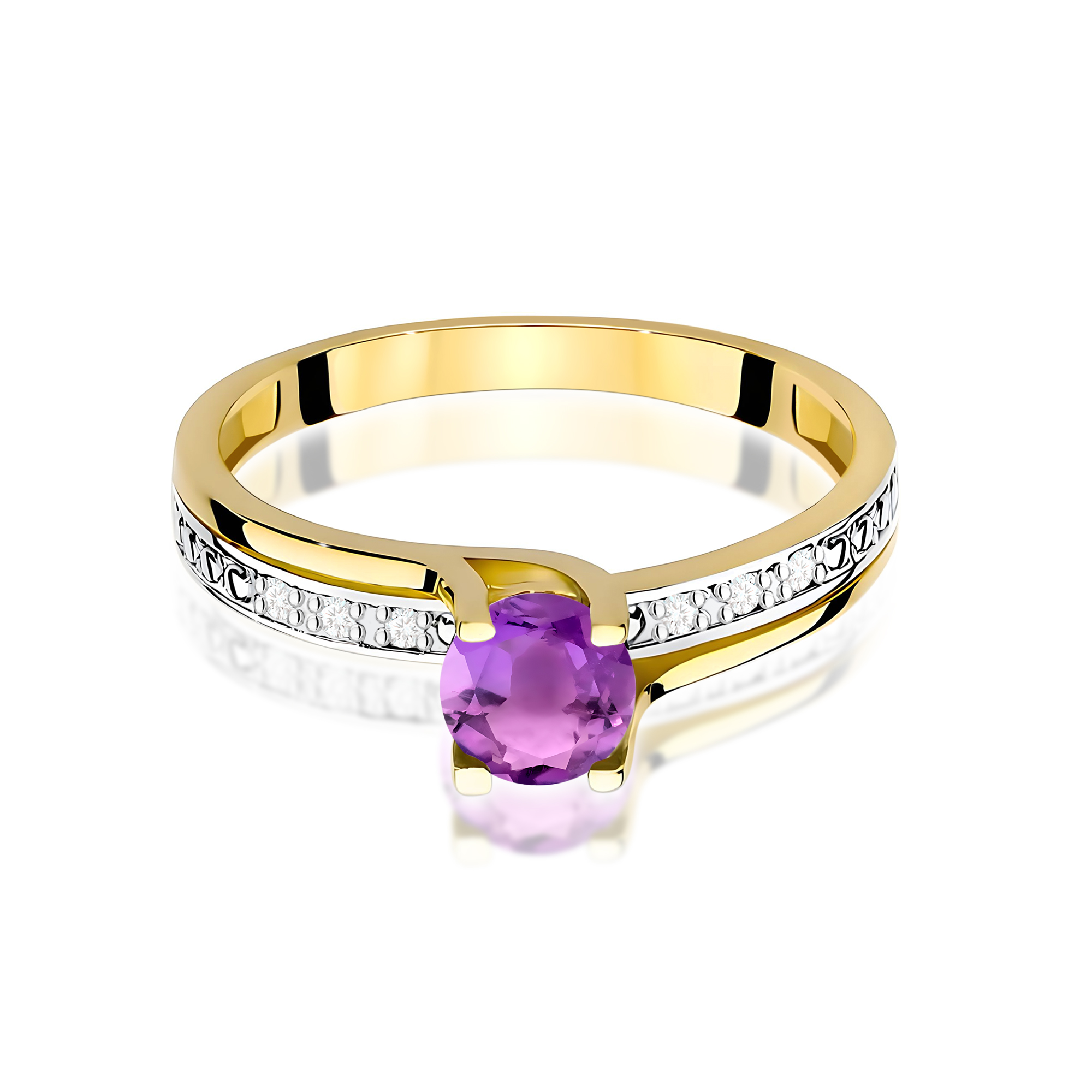 Ring with amethyst and diamonds in yellow gold – product image 3