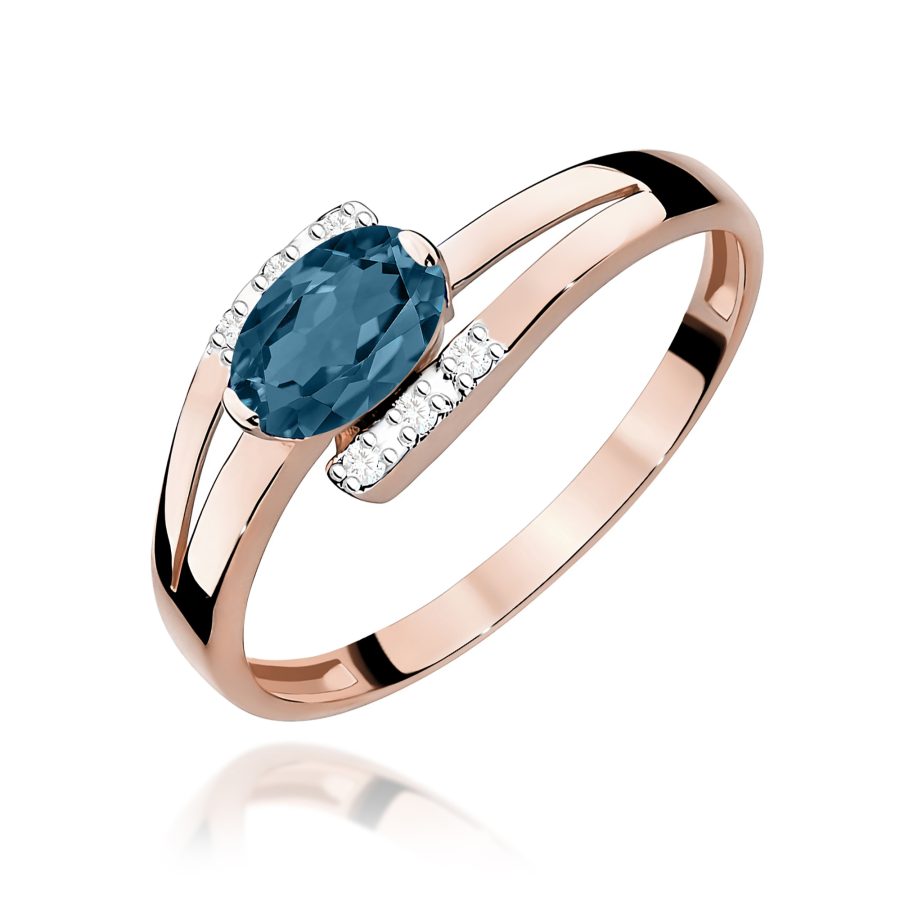 Pierścionek z topazem London Blue i diamentami w różowym złocie próby 585 · W119