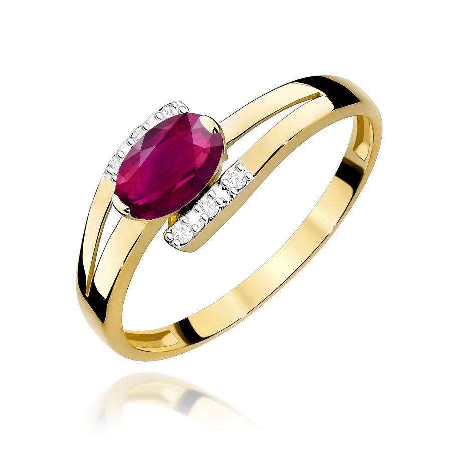 Pierścionek z żółtego złota z rodolitem i diamentami · W119