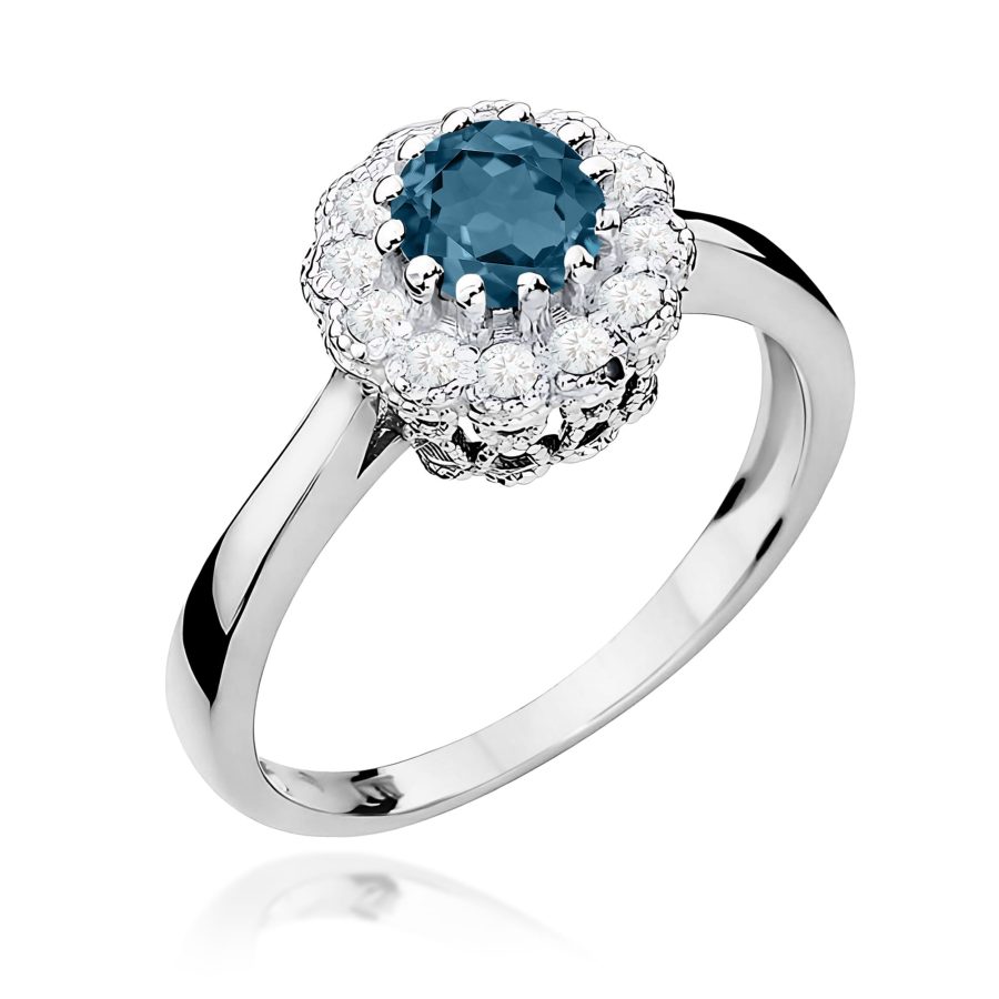 Pierścionek z białego złota z topazem London Blue i diamentami · W284