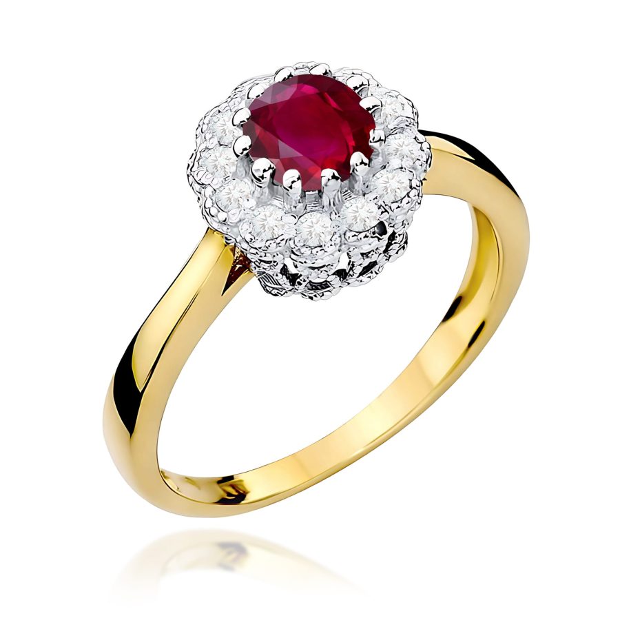 Pierścionek z rubinem 0,60 ct i diamentami z żółtego złota 585 · W284