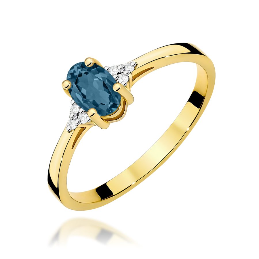 Pierścionek z żółtego złota z topazem London Blue i diamentami · W301
