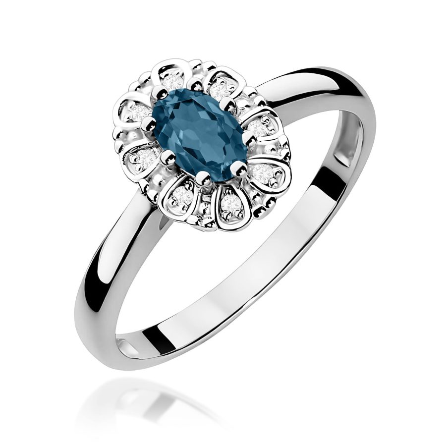 Pierścionek z topazem London Blue i diamentami w białym złocie · W304