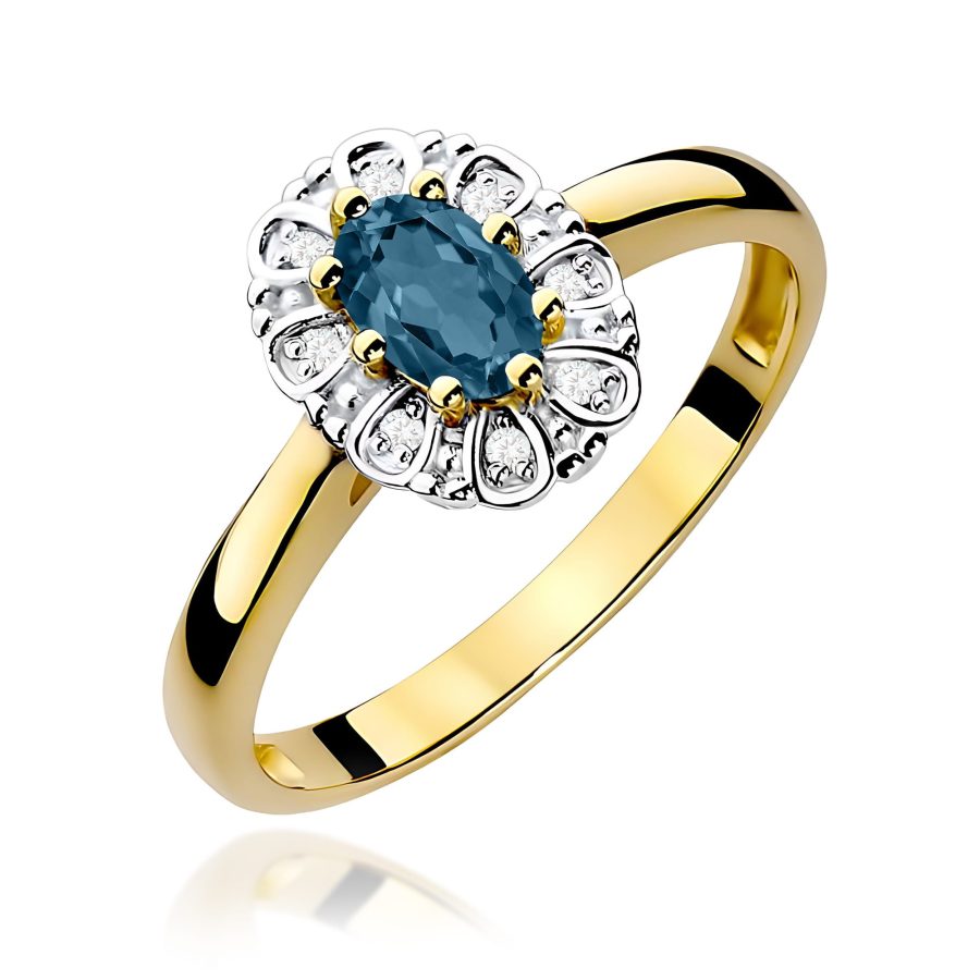 Pierścionek z żółtego złota z topazem London Blue i diamentami · W304