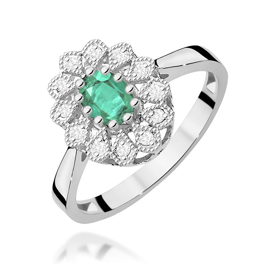 Pierścionek ze szmaragdem owalnym 0,40 ct i diamentami · W354