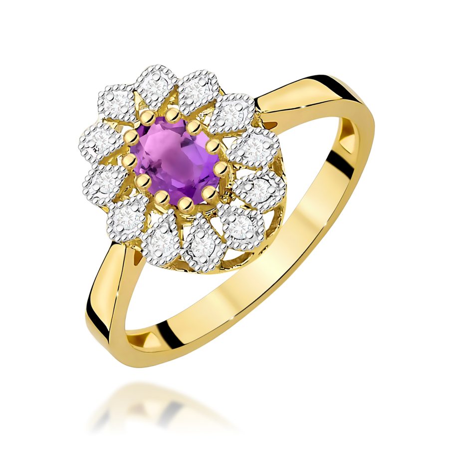 Pierścionek z ametystem i diamentami w żółtym złocie · W354