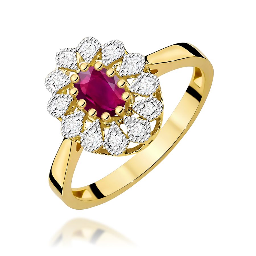 Pierścionek z rodolitem i diamentami w żółtym złocie · W354