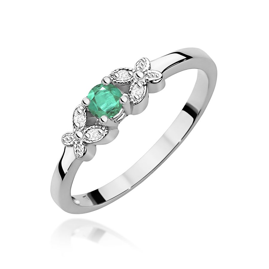 Pierścionek z okrągłym szmaragdem 0,15 ct i diamentami · W414