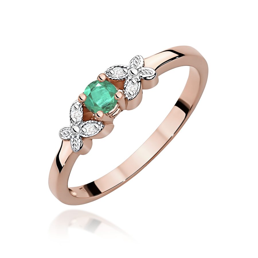 Pierścionek ze szmaragdem 0,15 ct i czterema diamentami · W414