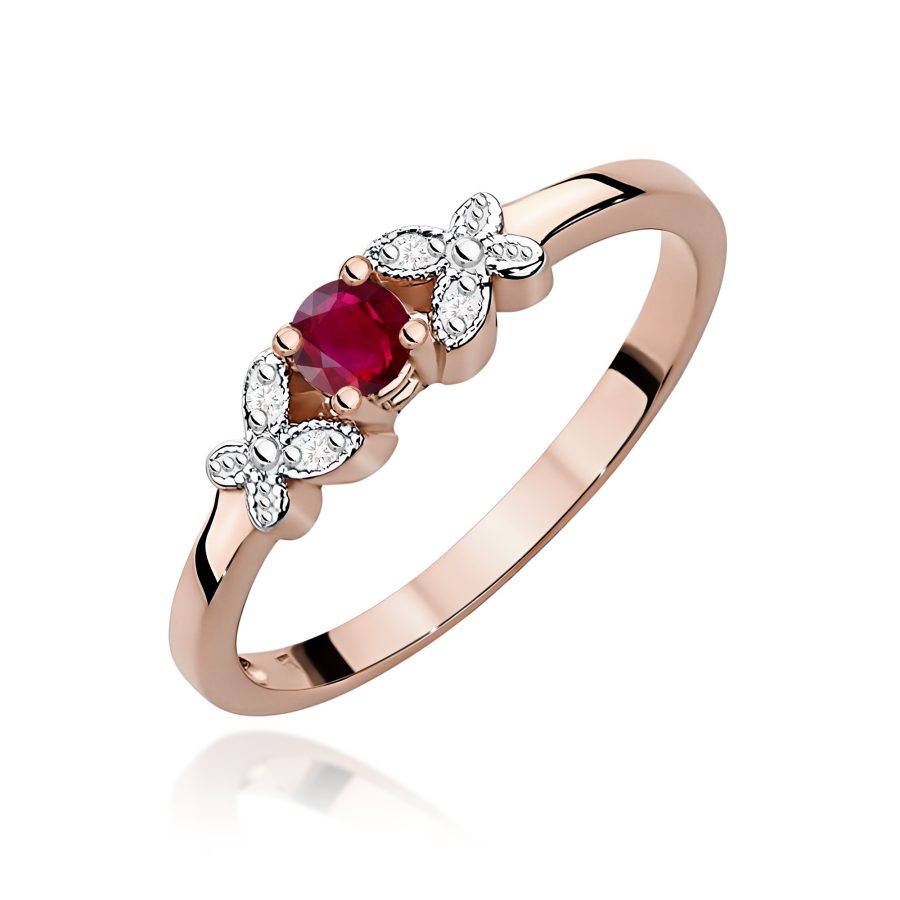 Pierścionek z okrągłym rubinem 0,15 ct i diamentami · W414