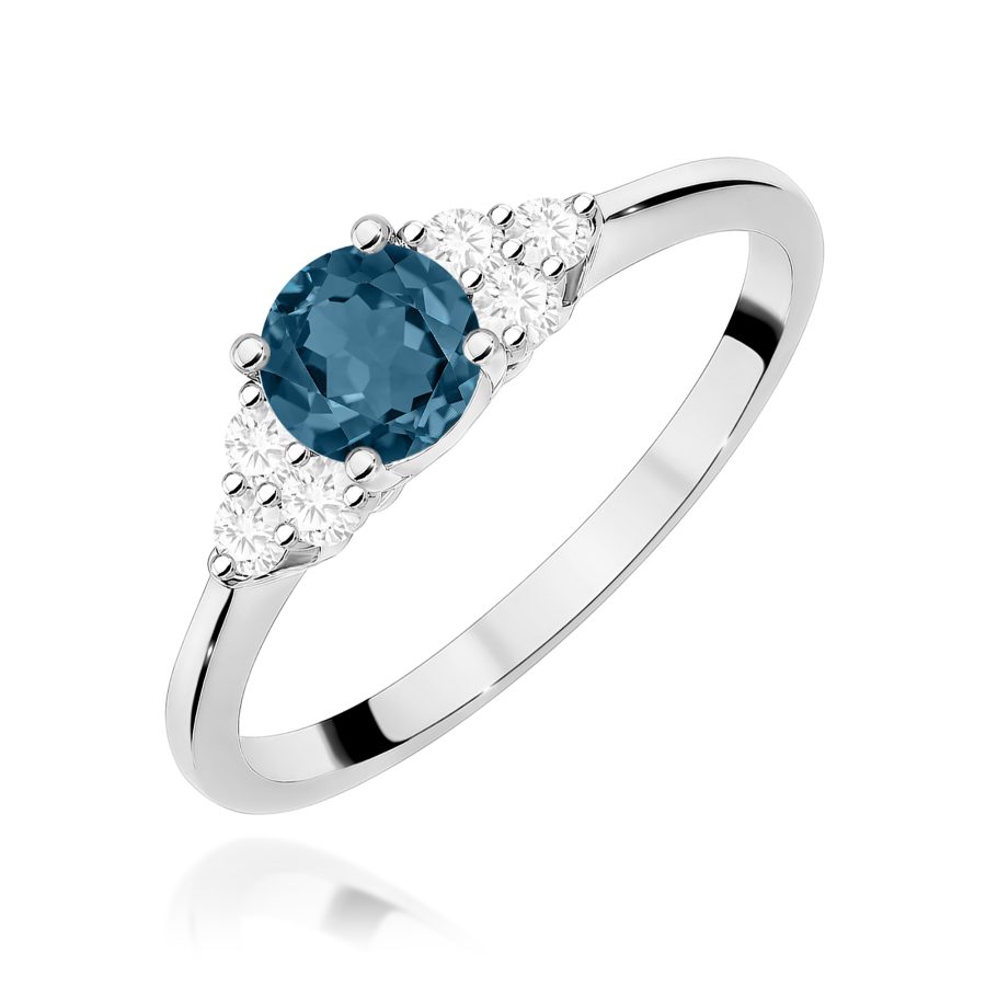 Pierścionek z białego złota z topazem London Blue i diamentami · W451