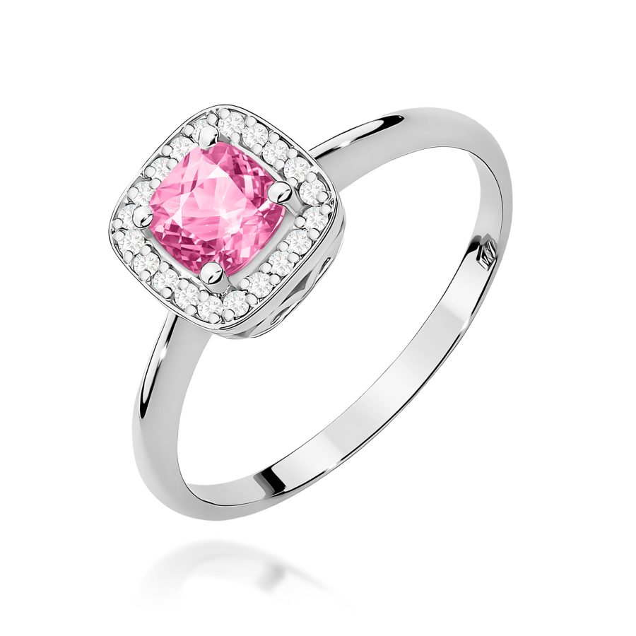 Pierścionek z różowym topazem i diamentami w kształcie cushion · W514