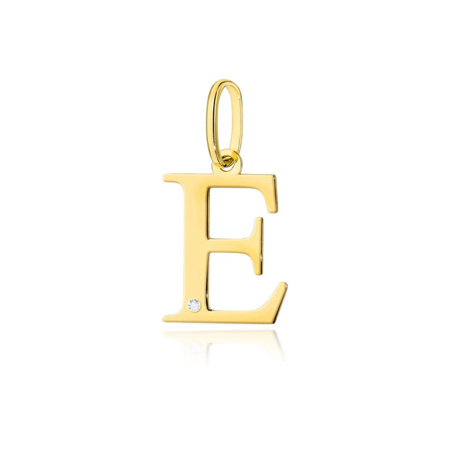 Złota zawieszka z literą E 15 mm i diamentem – żółte złoto 585 · Z069