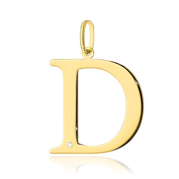 Złota zawieszka z literą D 25 mm i diamentem – żółte złoto 585