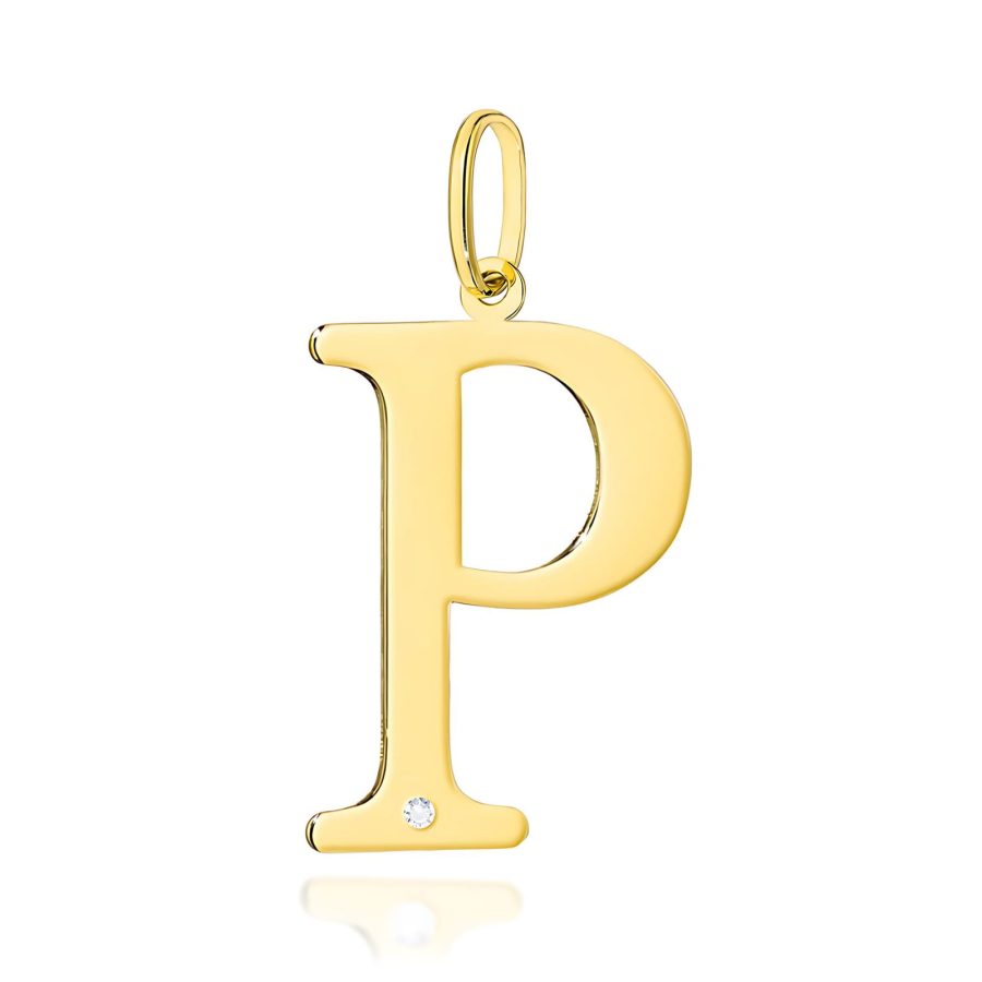 Złota zawieszka z literą P 25 mm i diamentem – żółte złoto 585 · Z070