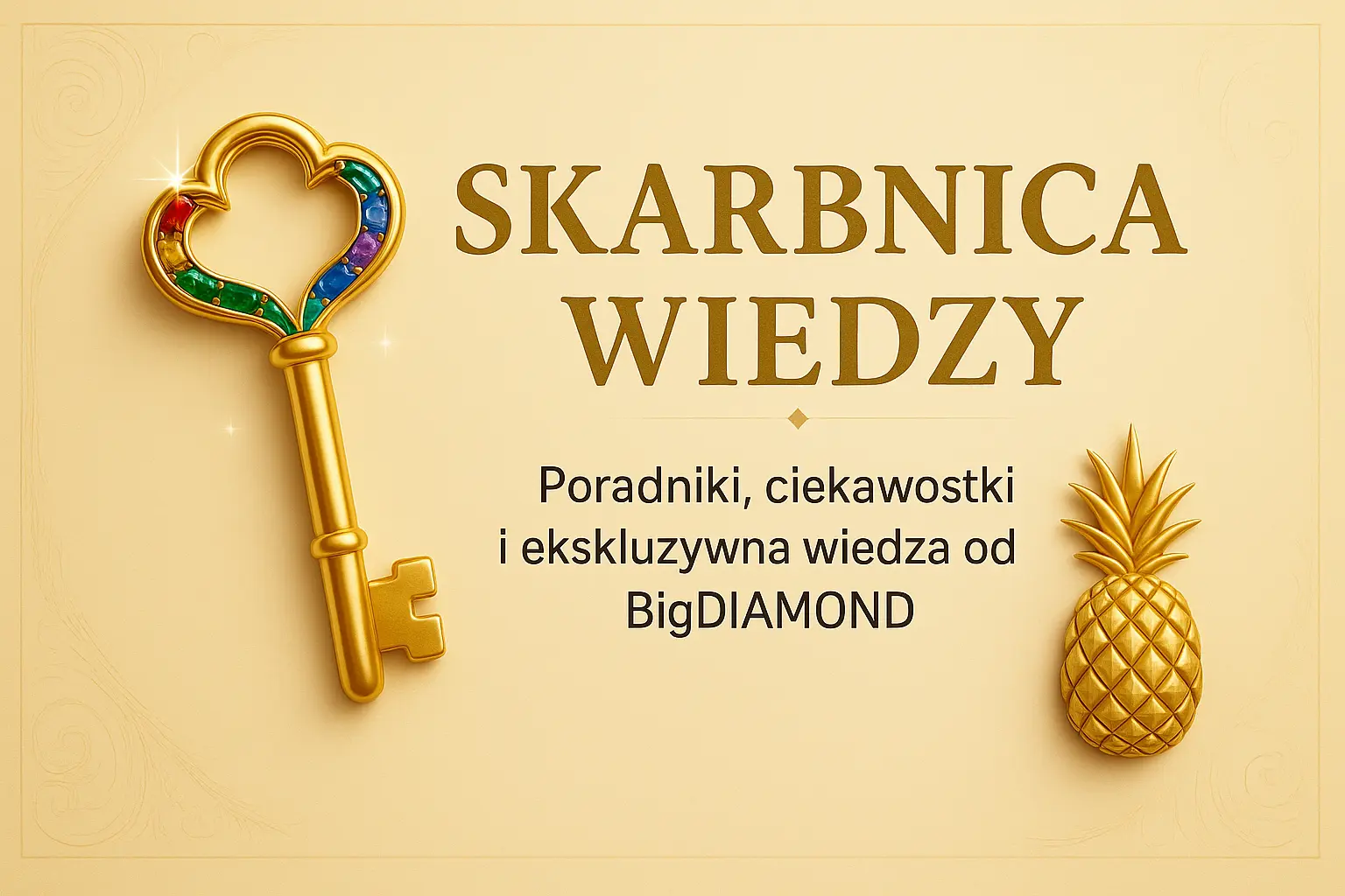Złoty klucz z kolorowymi kamieniami na tle beżowym – Skarbnica Wiedzy BigDIAMOND Jubiler Kraków